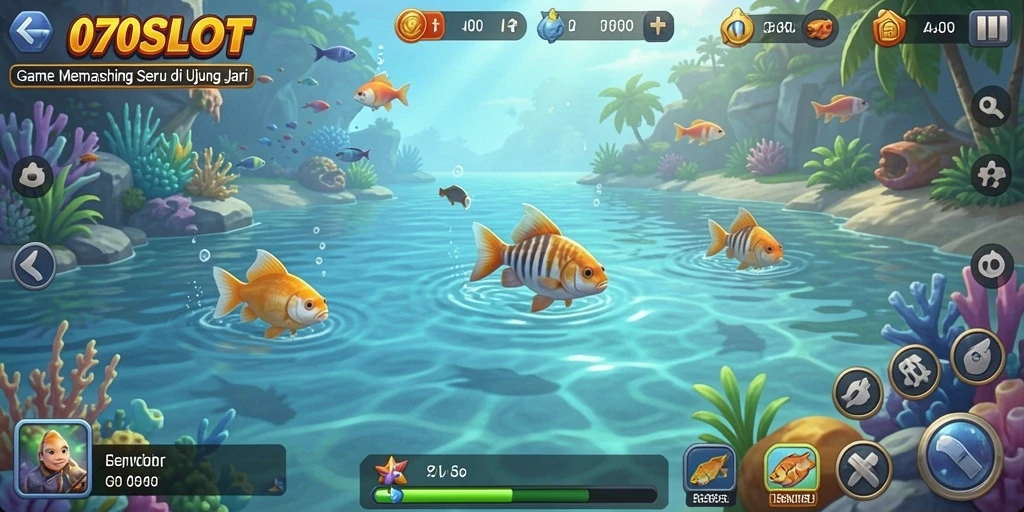 Tampilan gameplay 070SLOT yang menarik saat memancing ikan di laut.