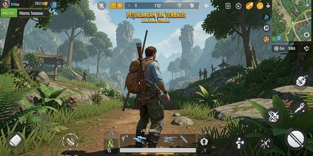 Tampilan gameplay F32 yang menawan dalam dunia terbuka.