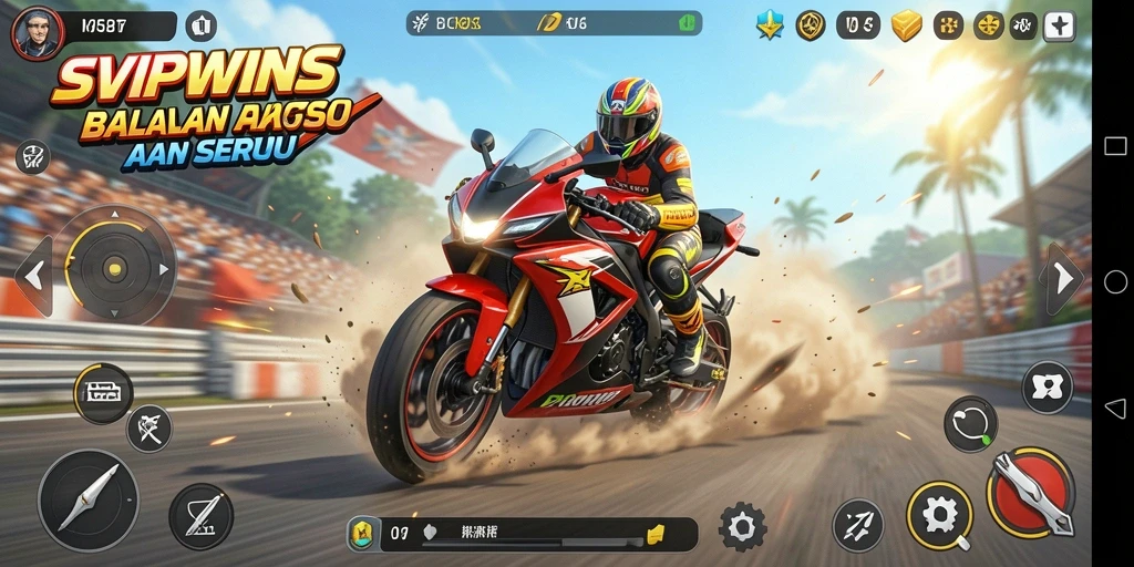 Screenshot gameplay SVIPWINS dengan balapan seru di lintasan motor.